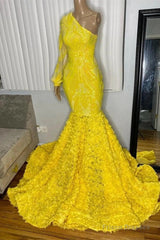 Mermaid Yellow One Shoulder  Long Sleeve Prom Dress