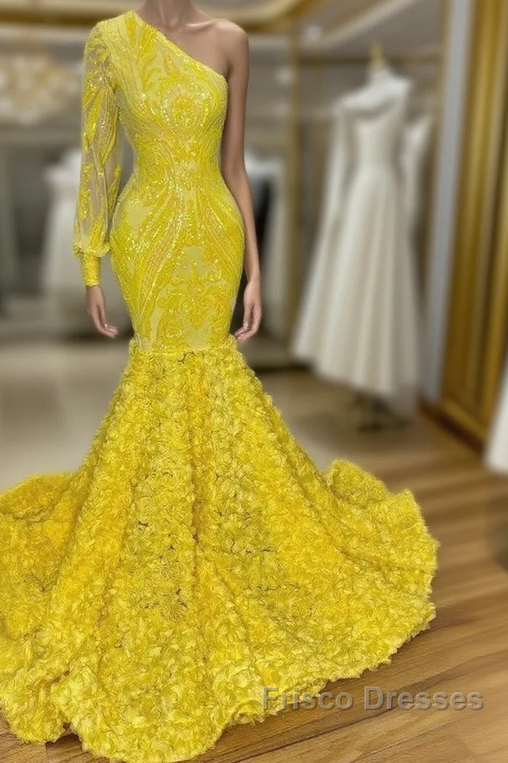Mermaid Yellow One Shoulder Long Sleeve Formal Prom Dress Main image