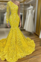 Mermaid Yellow One Shoulder Long Sleeve Formal Prom Dress