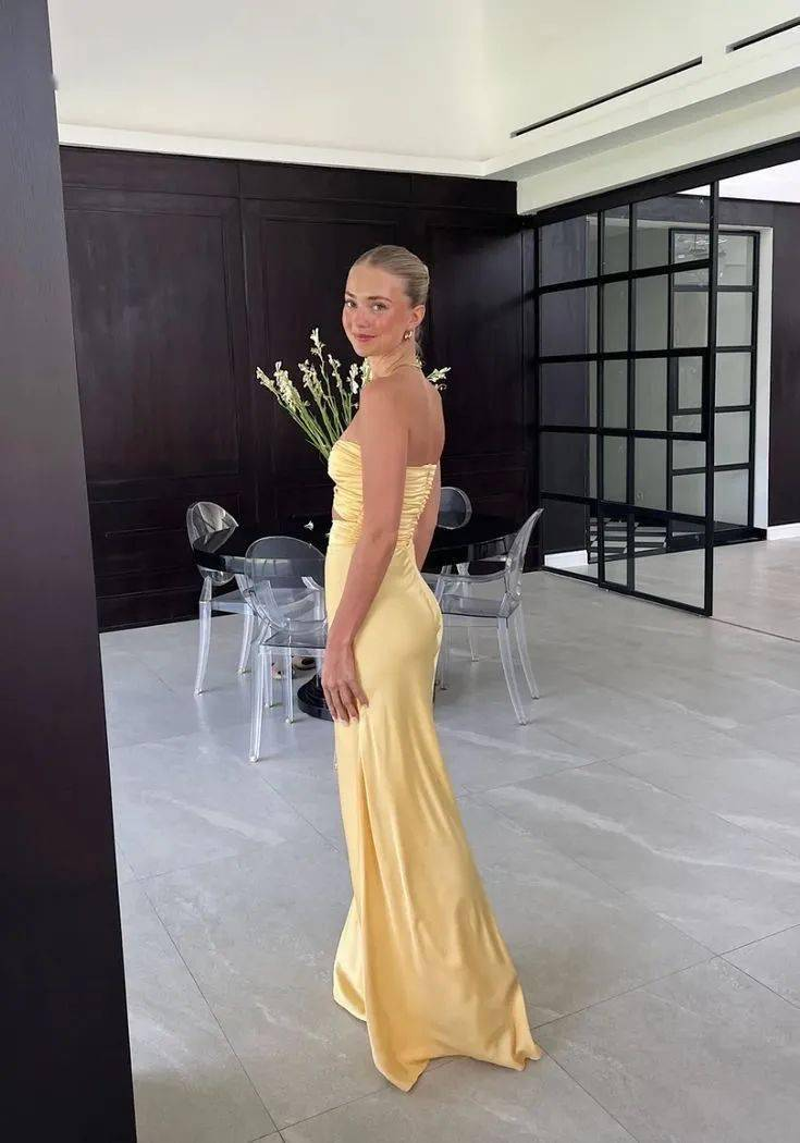 Mermaid Yellow Silk Satin Evening Party Dress Long Prom Dress Secondary image
