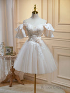 Mini/Short Beige Prom Dresses, Beige Tulle Lace Homecoming Dresses