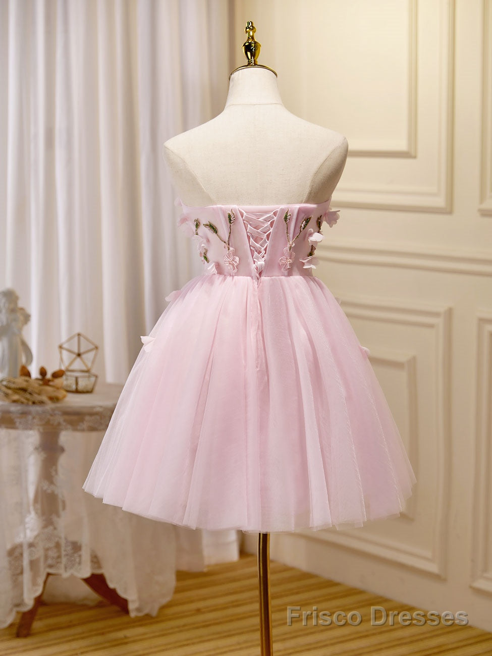 Mini/Short Pink Prom Dress, Cute Pink Homecoming Dresses with Beading Applique