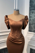 Minimalist Short Sleeves Satin Mermaid Prom Dresses Column Long With Pleats