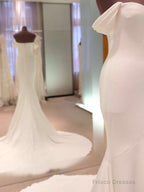 Minimalist Tight Fitting Off The Shoulder Short Sleeved And Floor Length Off The Back Wedding Dress