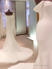 Minimalist Tight Fitting Off The Shoulder Short Sleeved And Floor Length Off The Back Wedding Dress