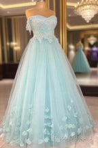 Mint Blue Sweetheart Tulle With Lace And Flowers Formal Dress, Tulle Long Formal Prom Dress Party Dress