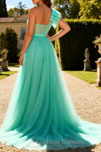 Mint Green A Line One Shoulder Corset Long Prom Dress With Slit