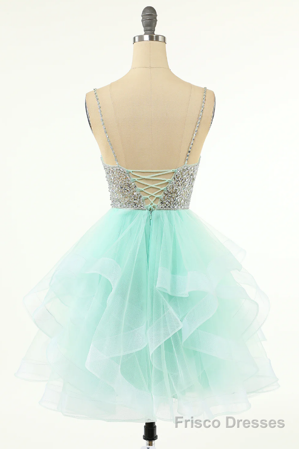 Mint Green Homecoming Dresses Straps V-Neck Multi-Layer Beaded Prom Dresses