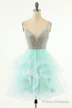 Mint Green Homecoming Dresses Straps V-Neck Multi-Layer Beaded Prom Dresses