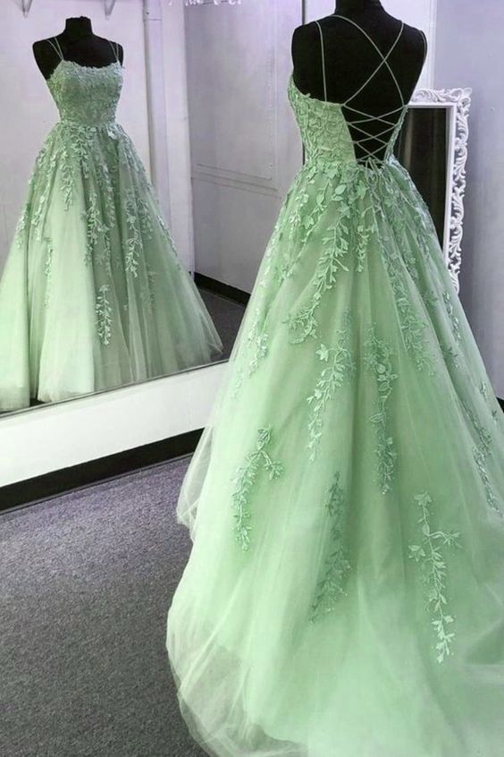 Light Green Prom Dresses Long A line Tulle Formal Evening Dress Main image