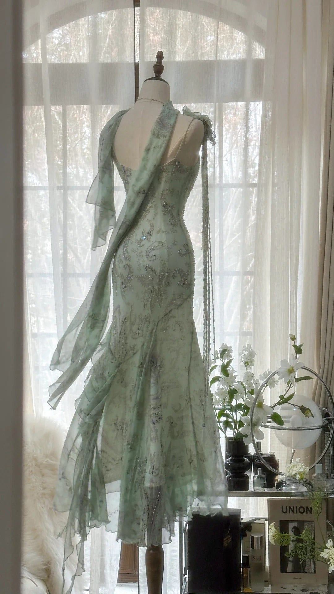 Mint Green Romantic Fashion Elegant Exquisite Beading Spaghetti Straps Long Tulle Chiffon Ruffle Ball Gown Evening Dress Party Dress