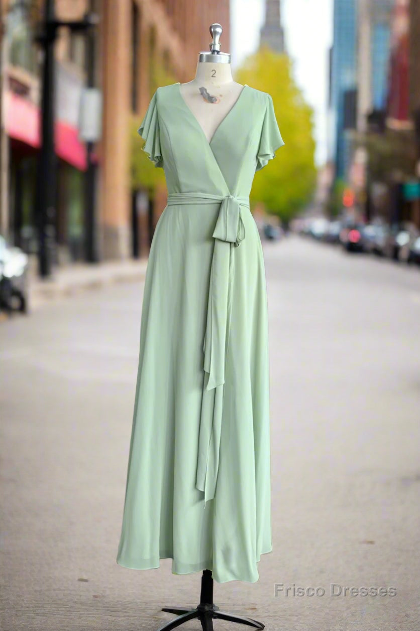 Mint Green Sheath Floor Length Short Sleeves V-Neck Chiffon Bridesmaid Dresses Main image
