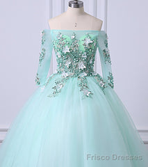 Mint Green Tulle Off Shoulder Long Sleeve Lace Applique Sweet 16 Prom Dress, Formal Dress