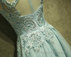 Mint Green Tulle Short Lace Beaded Knee Length Wedding Party Dress, Lovely Homecoming Dress Formal Prom Dress