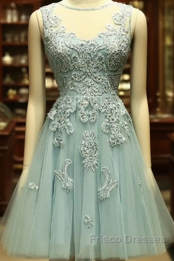 Mint Green Tulle Short Lace Beaded Knee Length Wedding Party Dress, Lovely Homecoming Dress Formal Prom Dress Main image