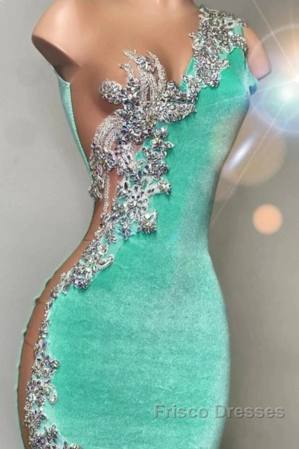 Mint Green Velvet Crstyal Sheer Mermaid Formal Prom Dress