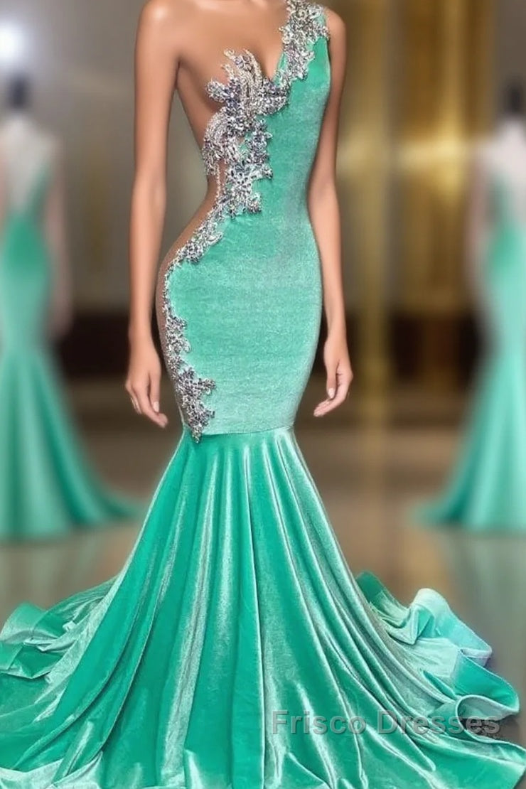 Mint Green Velvet Crstyal Sheer Mermaid Formal Prom Dress Main image