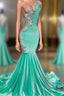 Mint Green Velvet Crstyal Sheer Mermaid Formal Prom Dress