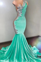 Mint Green Velvet Crstyal Sheer Mermaid Prom Dress