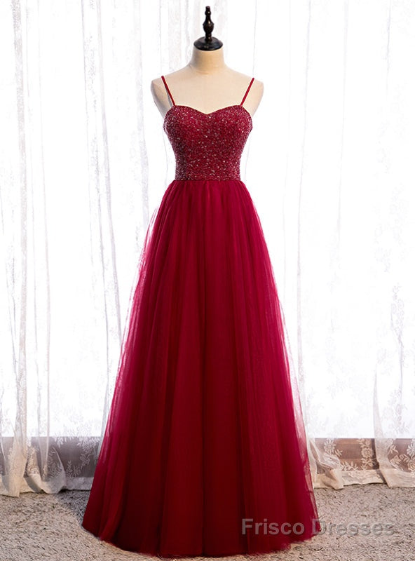 Modern Burgundy Tulle Spaghetti Straps Beading Prom Dress Main image