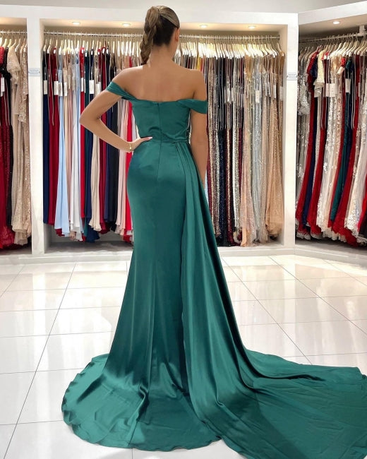 Modern Dark Green Off-The-Shoulder Slit Mermaid Prom Dresses