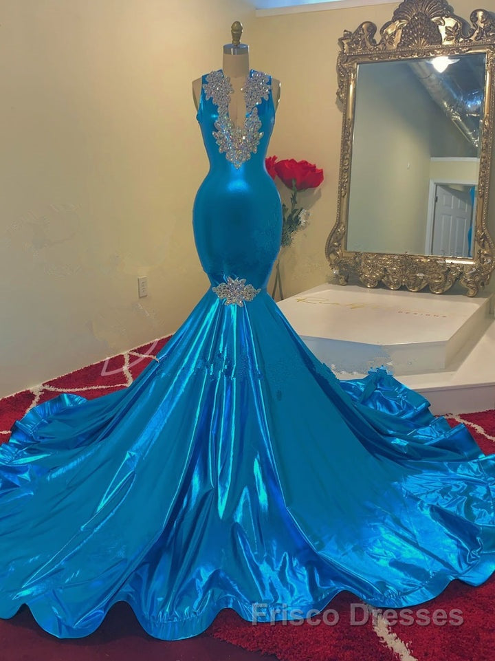 Modern Sequins Appliques V-Neck Sleeveless Long Mermaid Formal Prom Dresses