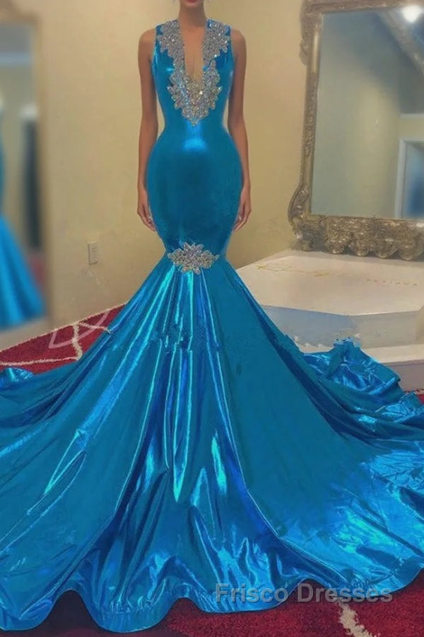 Modern Sequins Appliques V-Neck Sleeveless Long Mermaid Formal Prom Dresses