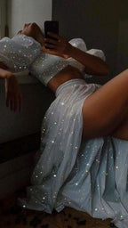 Modest 2 Pieces Sequin White Prom Dresses 22Th Birthday Outfit