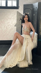 Modest 2 Pieces Strapless Long Champagne Tulle Prom Dresses