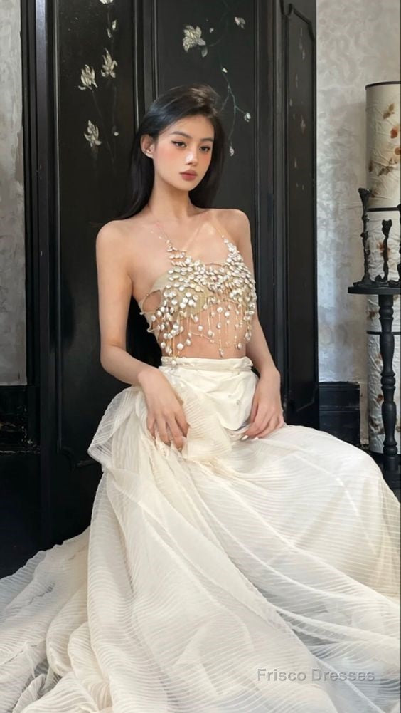 Modest 2 Pieces Strapless Long Champagne Tulle Prom Dresses