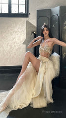 Modest 2 Pieces Strapless Long Champagne Tulle Prom Dresses