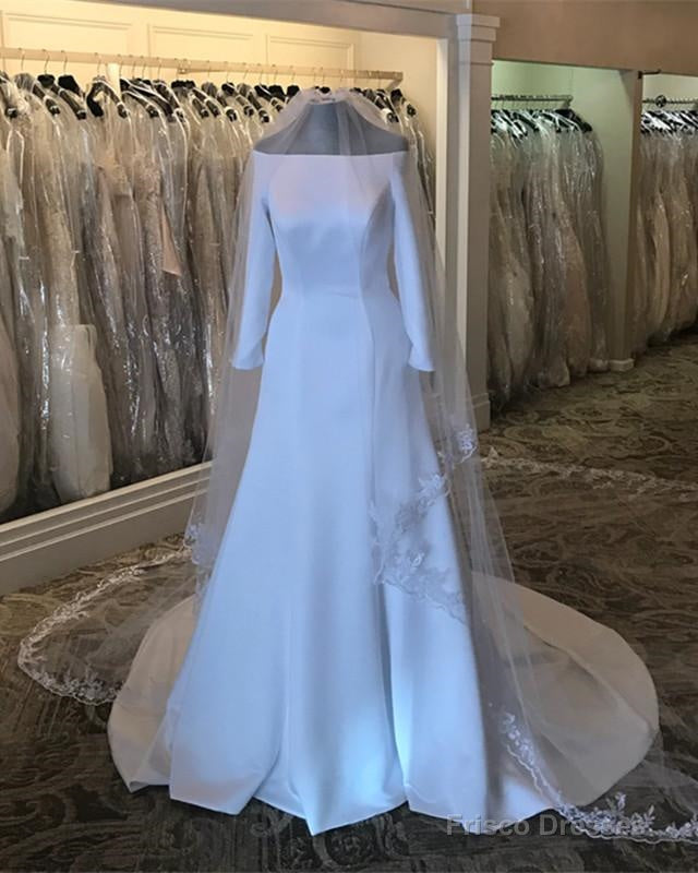 Modest 3/4 Sleeves White Satin Royal Wedding Dresses Main image