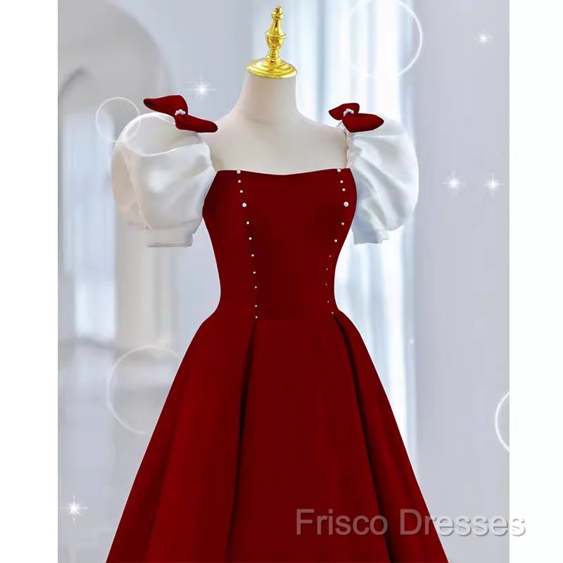 Modest A Line Long Short Sleeves Satin Red Formal Prom Dress Secondary image