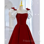 Modest A Line Long Short Sleeves Satin Red Formal Prom Dress