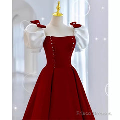 Modest A Line Long Short Sleeves Satin Red Prom Dresses
