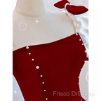 Modest A Line Long Short Sleeves Satin Red Formal Prom Dress