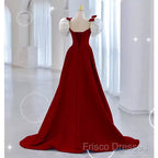 Modest A Line Long Short Sleeves Satin Red Formal Prom Dress