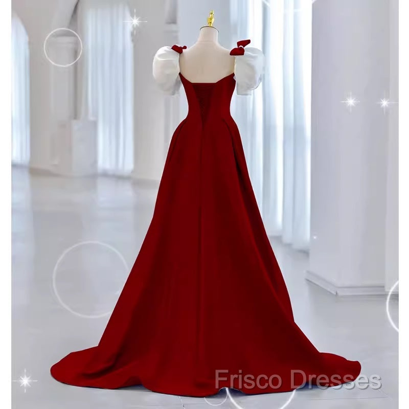 Modest A Line Long Short Sleeves Satin Red Formal Prom Dress