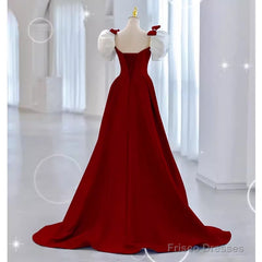 Modest A Line Long Short Sleeves Satin Red Prom Dresses