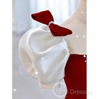 Modest A Line Long Short Sleeves Satin Red Formal Prom Dress