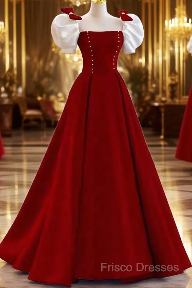 Modest A Line Long Short Sleeves Satin Red Formal Prom Dress Main image