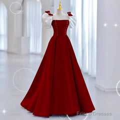 Modest A Line Long Short Sleeves Satin Red Prom Dresses