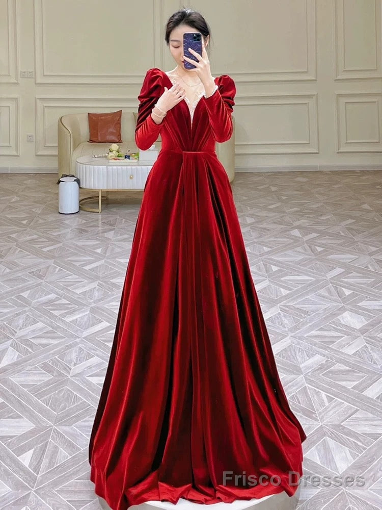 Modest A Line Long Sleeves Red Satin Evening Dress Prom Dresses