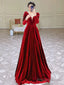 Modest A Line Long Sleeves Red Satin Evening Dress Prom Dresses