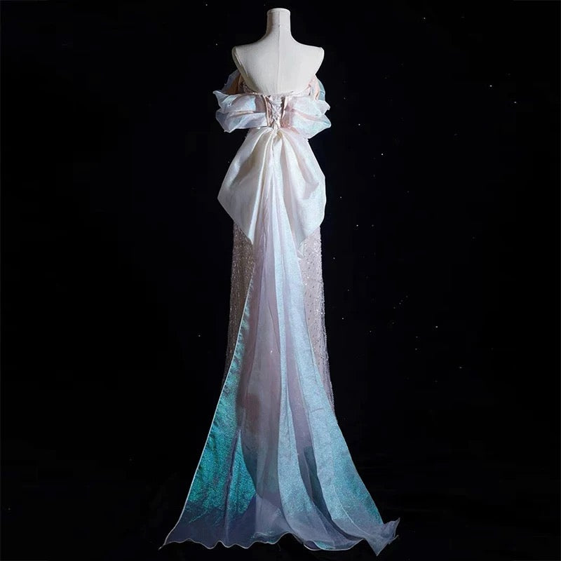 Modest A Line Off The Shoulder Pink Sequin Long Floor Length Pearls Prom Dresses