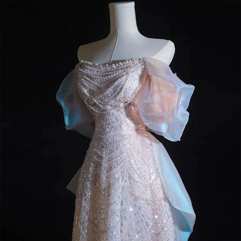 Modest A Line Off The Shoulder Pink Sequin Long Floor Length Pearls Prom Dresses