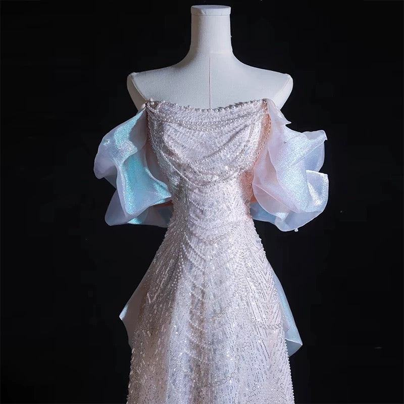Modest A Line Off The Shoulder Pink Sequin Long Floor Length Pearls Prom Dresses