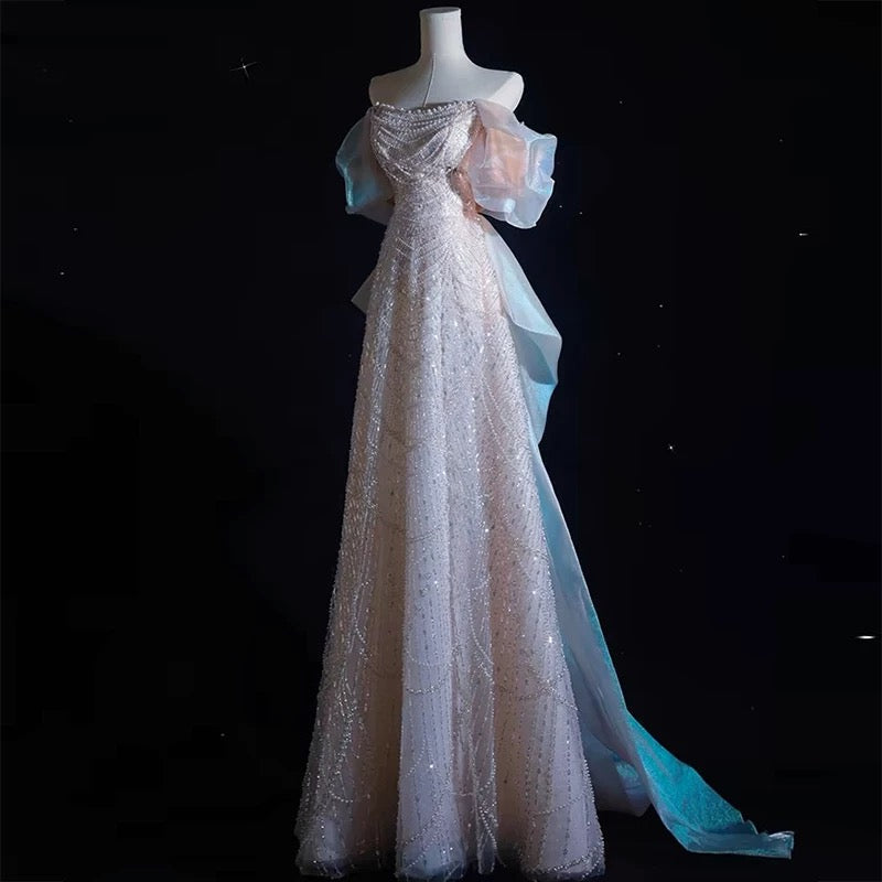 Modest A Line Off The Shoulder Pink Sequin Long Floor Length Pearls Prom Dresses
