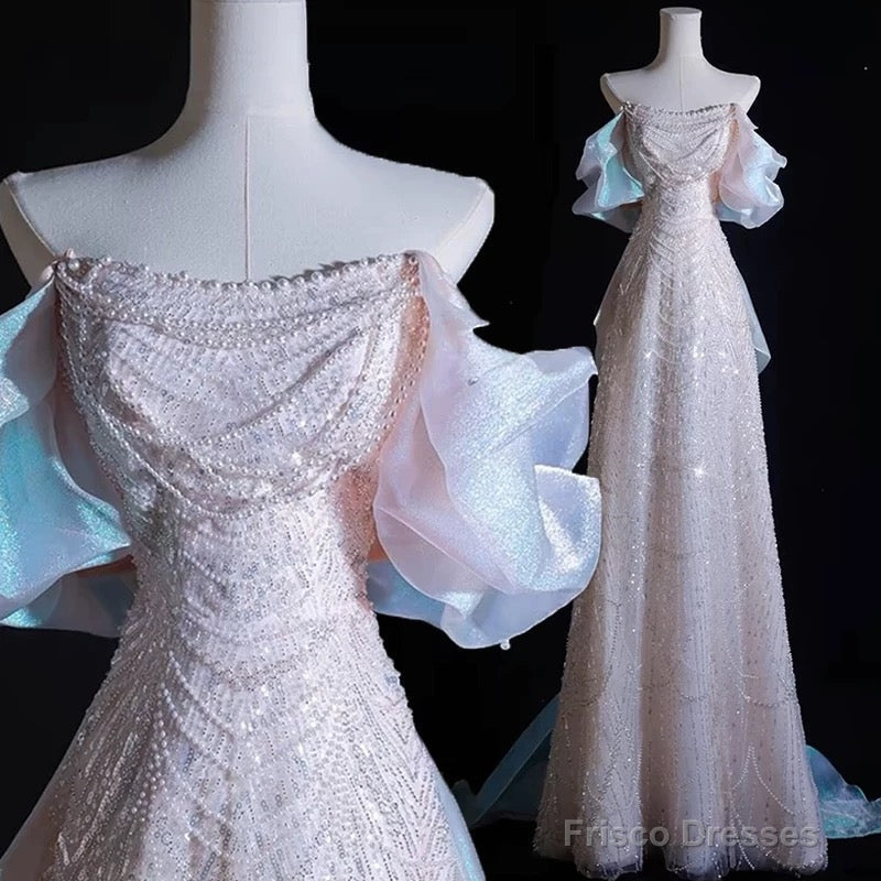 Modest A Line Off The Shoulder Pink Sequin Long Floor Length Pearls Prom Dresses