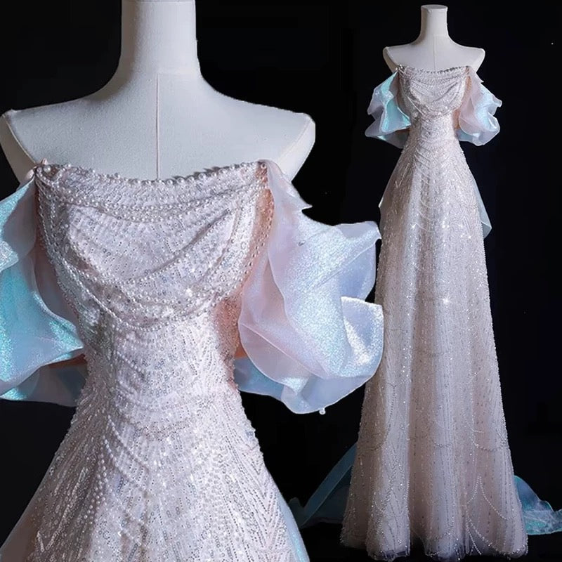Modest A Line Off The Shoulder Pink Sequin Long Floor Length Pearls Prom Dresses Main image